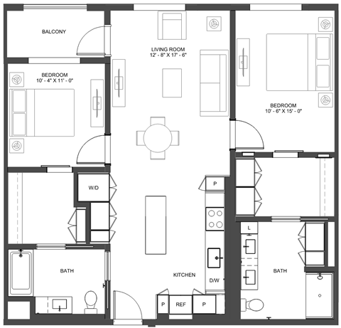 Floor plan for 2 beds, 2 baths, 1142 sqft